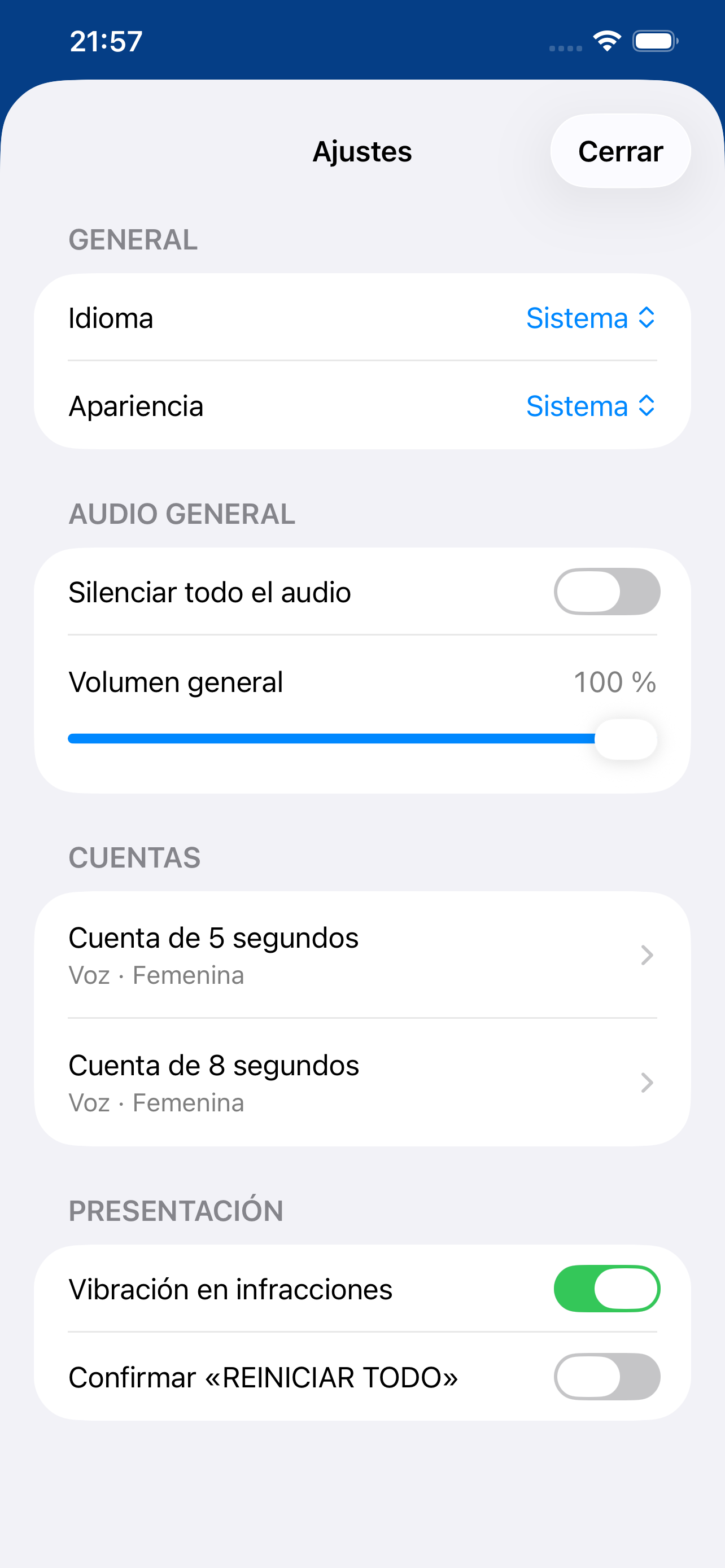 Pantalla de ajustes de Cuenta atrás 8